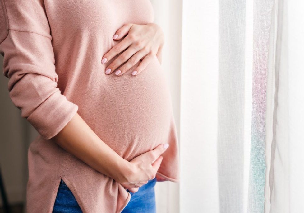 cropped shot of pregnant woman touching belly while standing near window at home